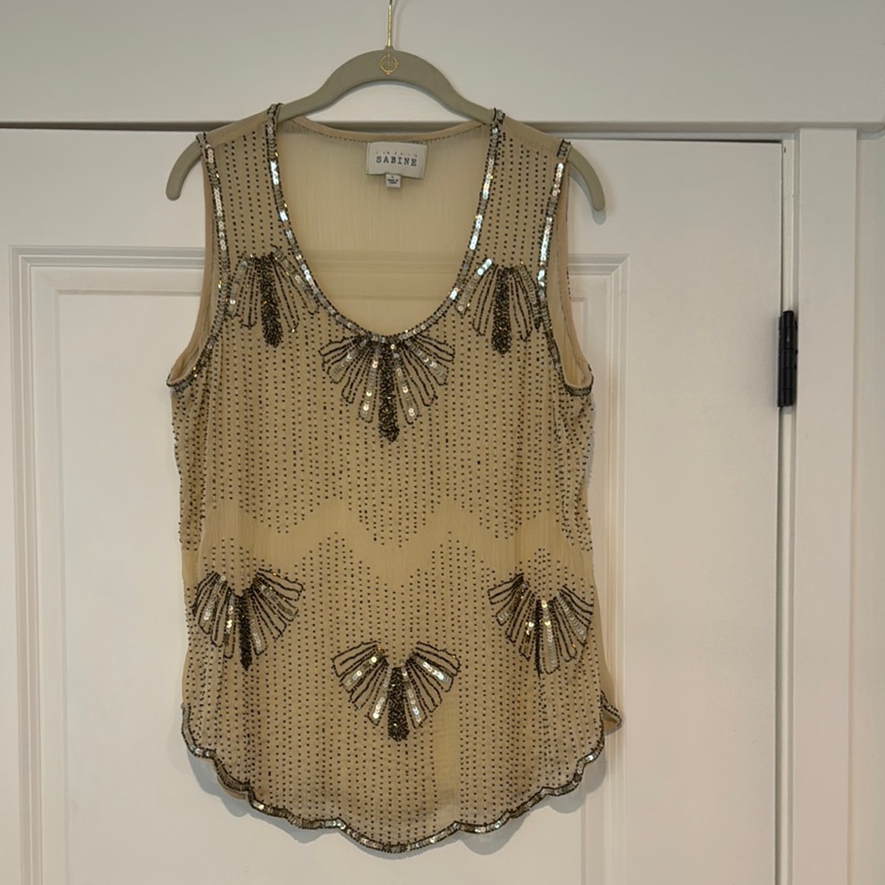 Sabine Beige Sequin Embellished Tank Top
